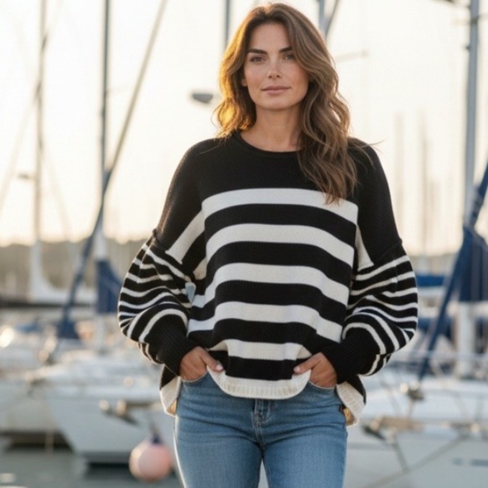 Madewell Black White Striped Balloon Sleeve Cropped Boxy Crewneck Sweater Large